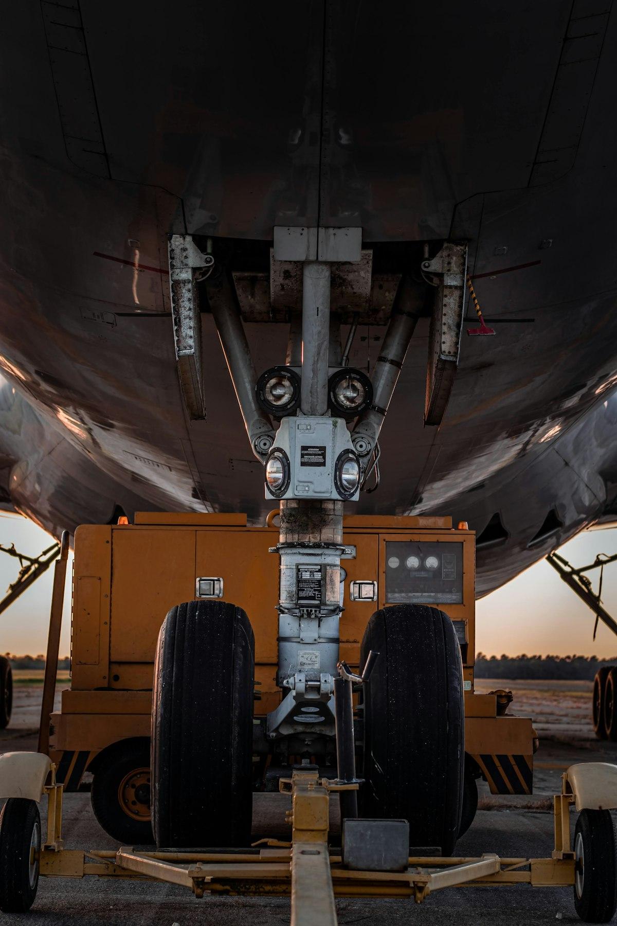 Close-up of aircraft landing gear