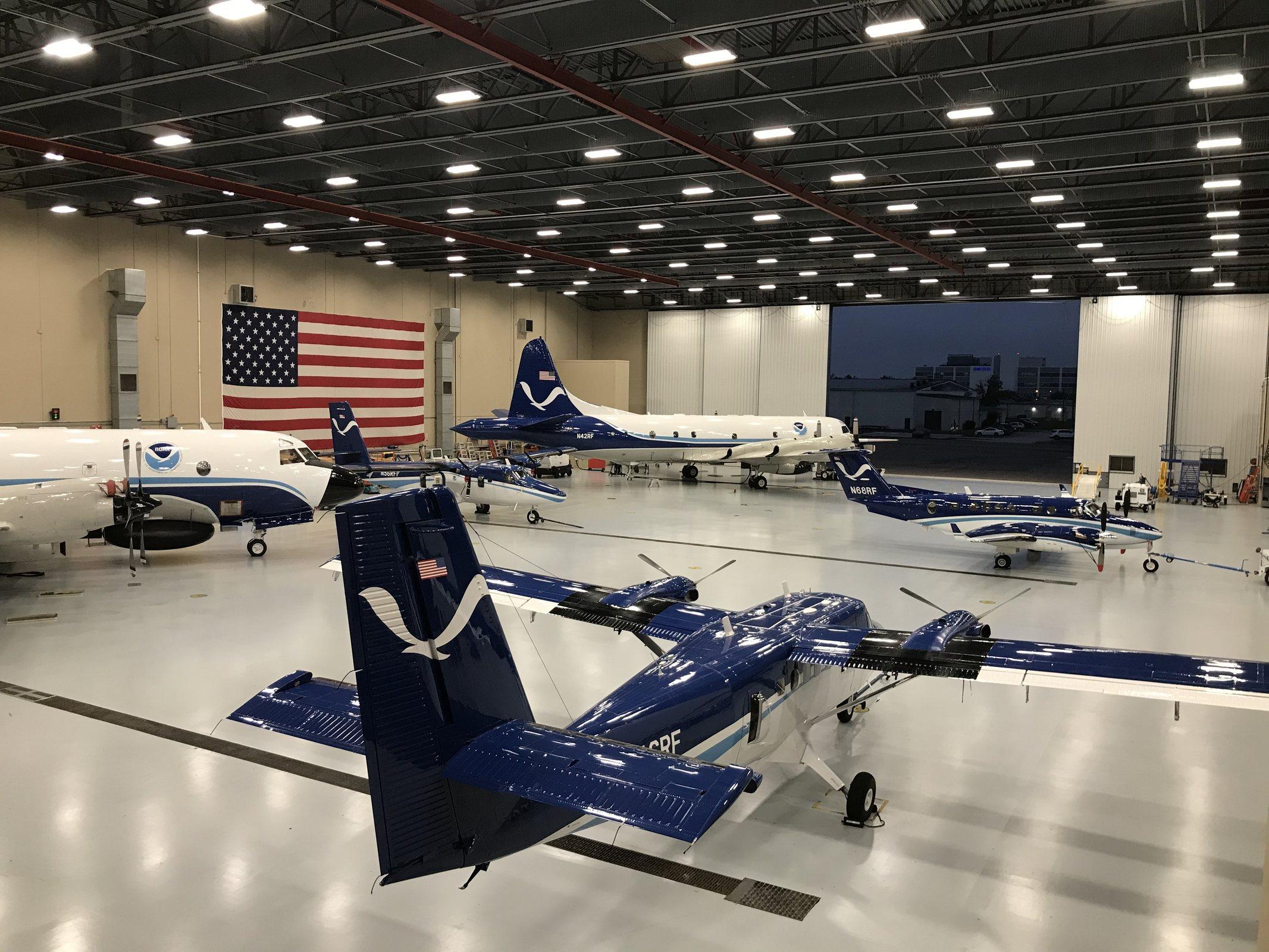 NOAA aircraft parked inside the Aircraft Operations Center hangar in Lakeland, Florida