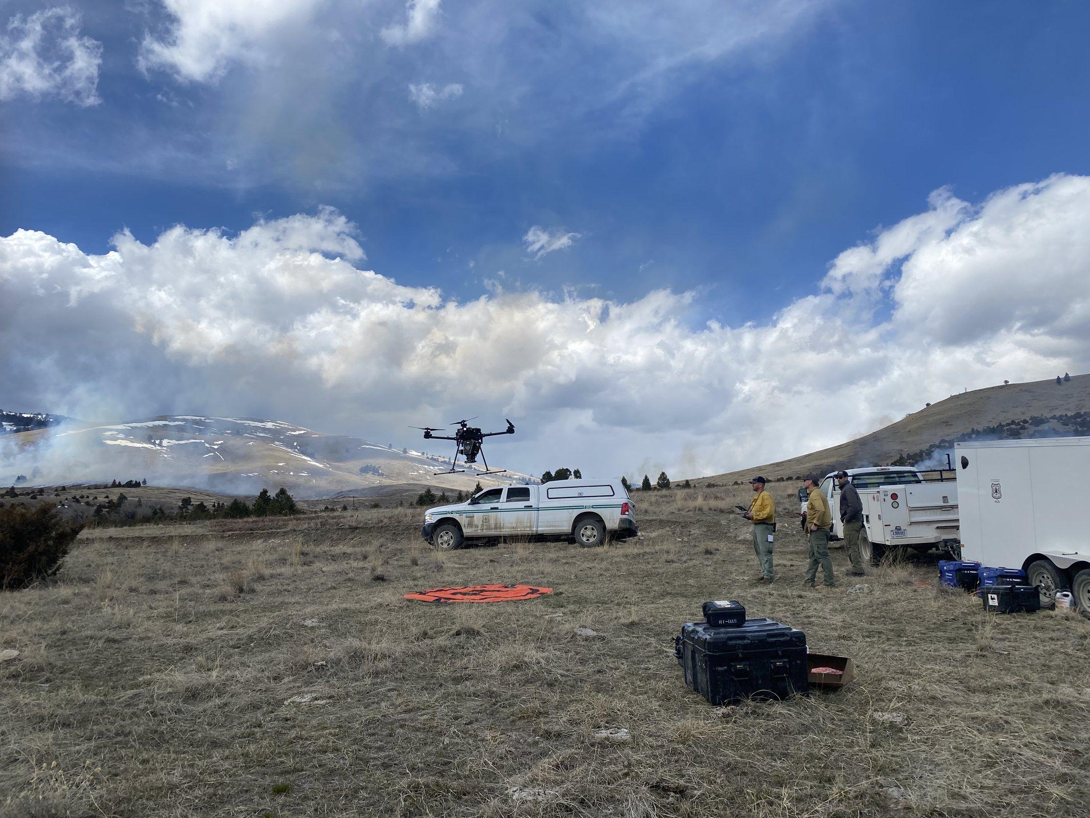 U.S. Forest Service survey drone in flight over rangeland in Montana